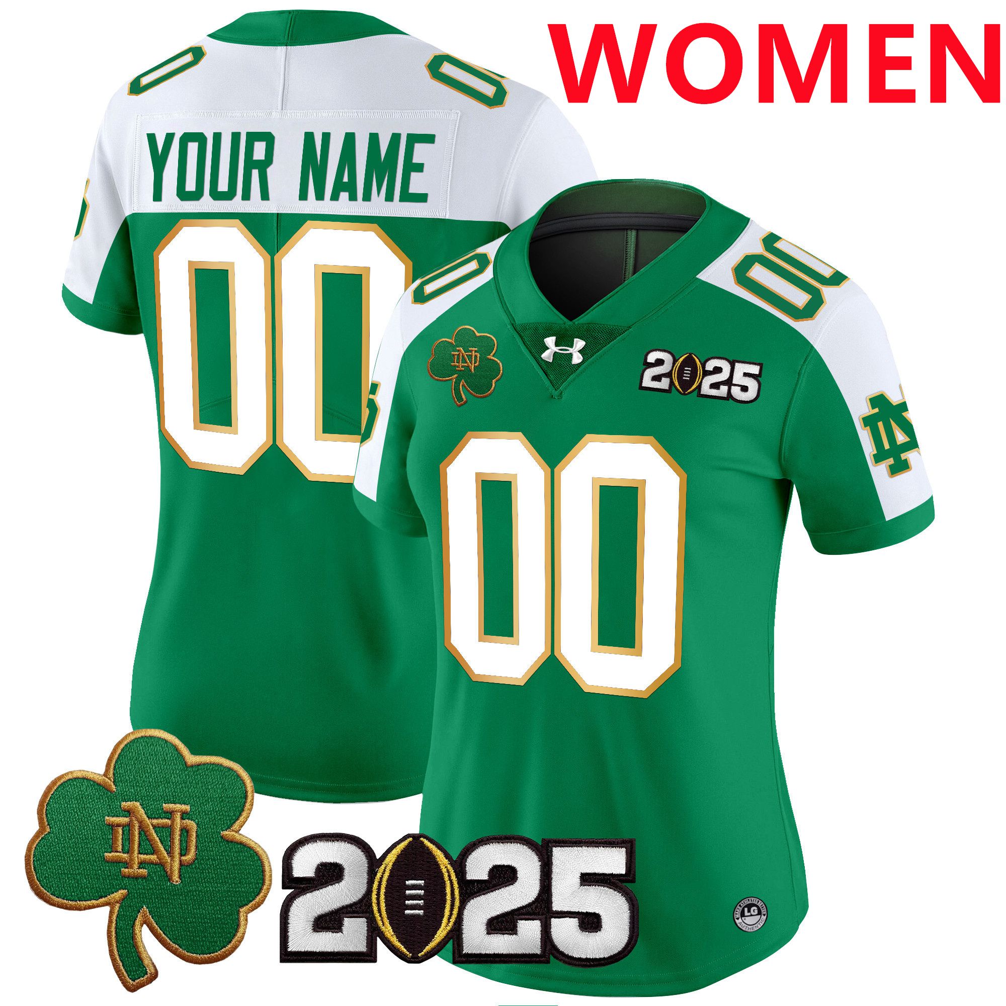 Women Notre Dame Fighting Irish Green 2025 CFP Final Patch Vapor Limited Custom NCAA Jersey style 1